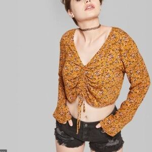 Wild Fable | Floral Long Sleeve Boho Mustard Crop Top Size XS